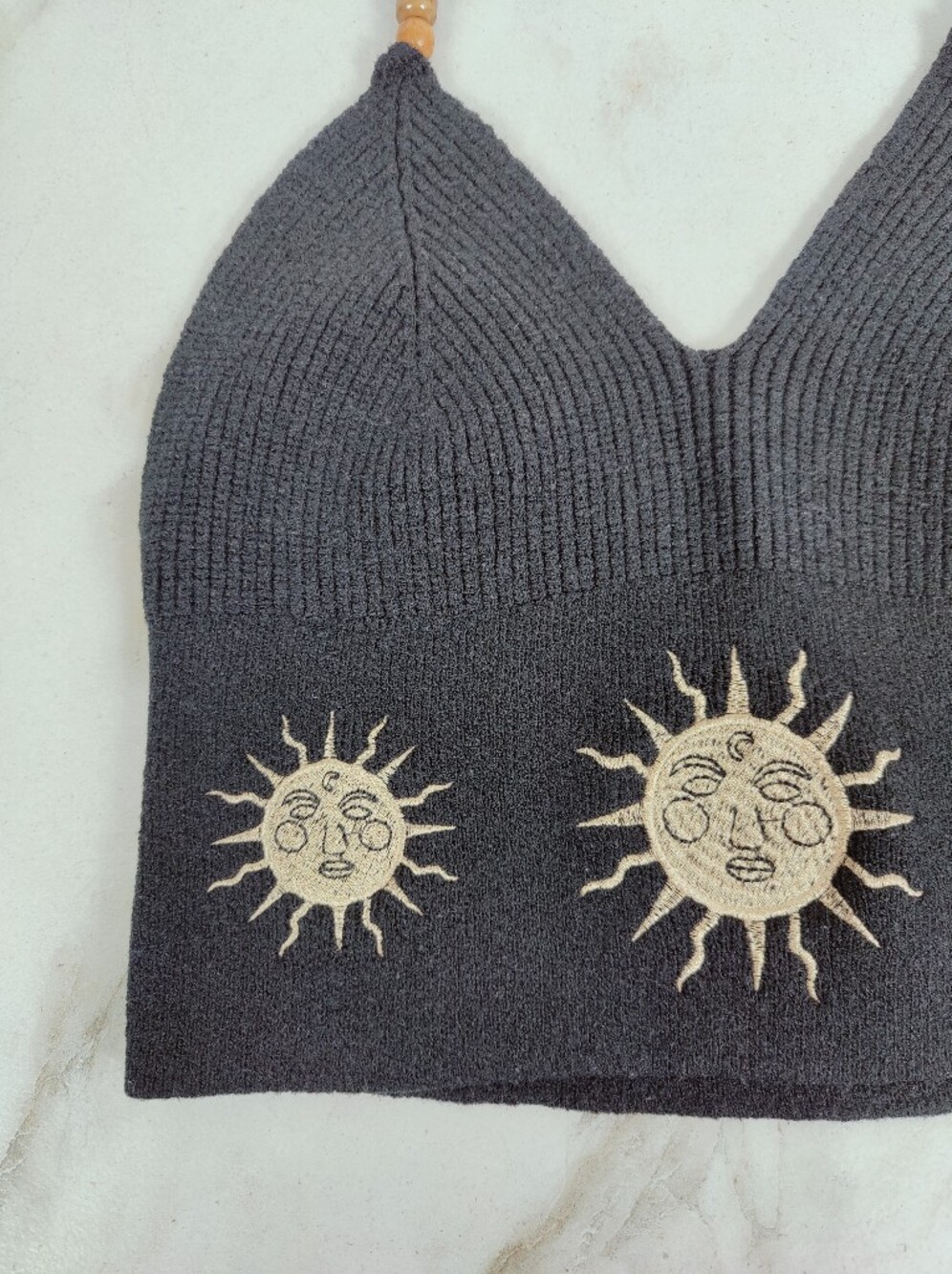 Hippie Embroidered Sun Black Knit Halter Top, Sz S - Picture 6 of 13